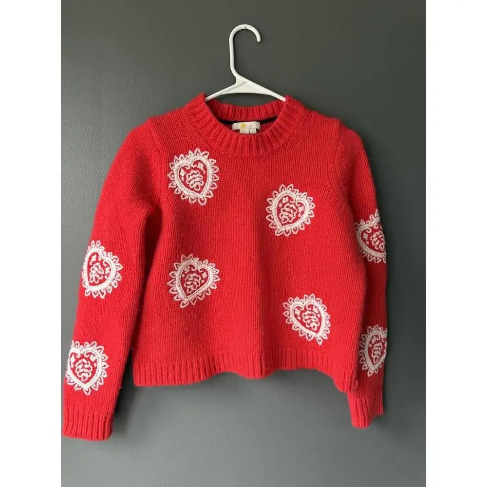 Boden Red Knit Sweater with White Embroidered Hearts, Size Small - Picture 1 of 8
